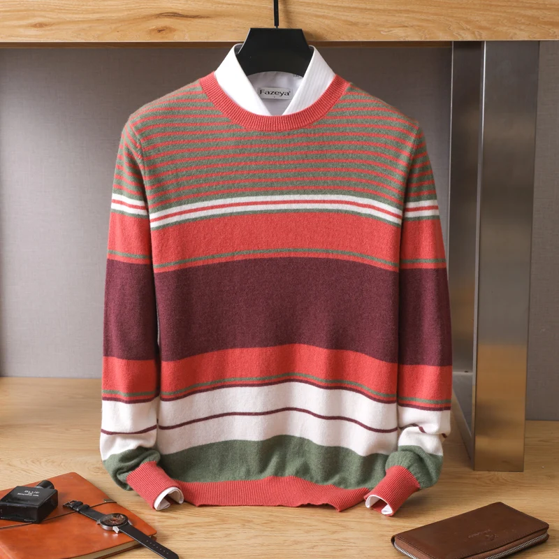 

100% Pure Wool Men's Round Neck Sweater Casual Loose Striped Knitted Pullover Business Casual Men's Sweater Spring and Autumn