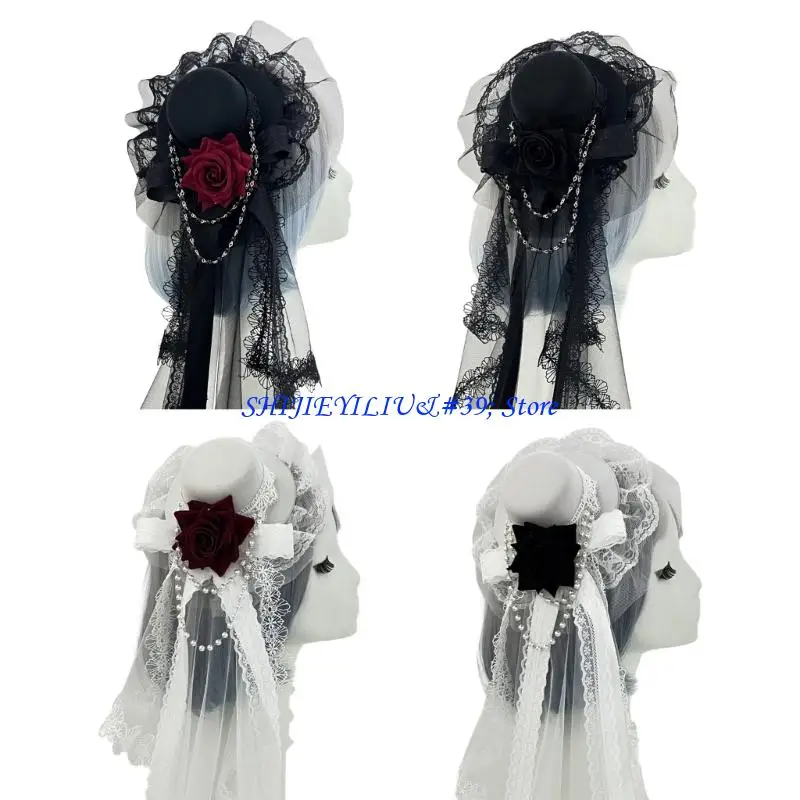 

E21F креативная заколка с цветком розы, цилиндр, головной убор с цепочкой, готический сладкий подарок на Хэллоуин, украшение для