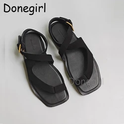 Donegirl Summer 2024 Suede Leather Sandals For Women Flat Heels Shoes Casual Fashion Platform Buckle Shoes