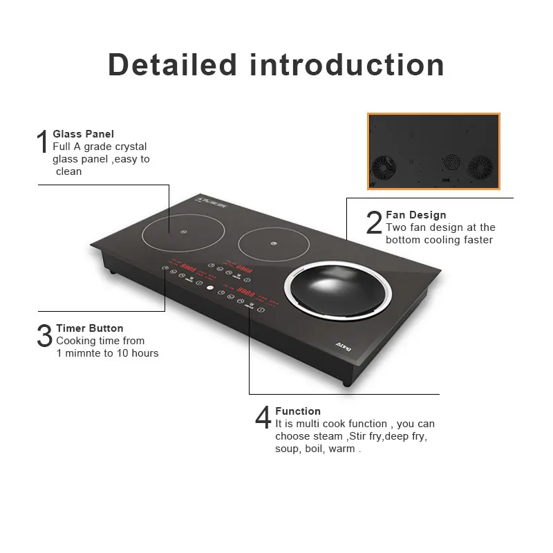 Electric Induction Stove Induction Cooktop with 3 Burners in Black Crystal Smooth Surface Glass 220V 3500W