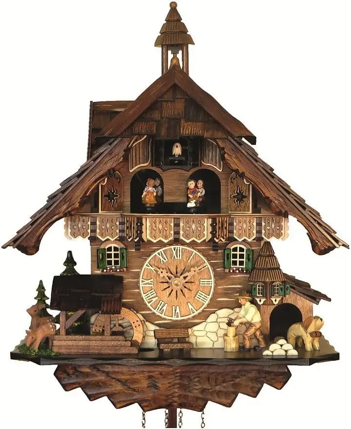 Quartz Clock Black Forest House with Moving Wood Chopper and Mill Wheel, with Music EN 483 QMT