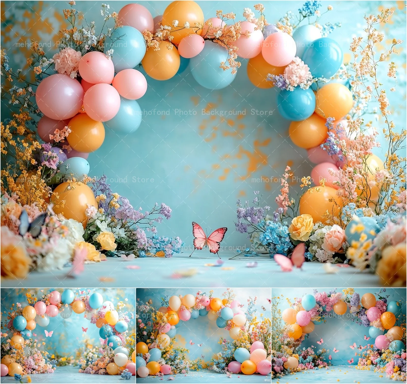 Mehofond Photography Background Minimalist Blue Graffiti Wall Balloon Door Flowers Butterfly Kids Family Portrait Backdrop Decor