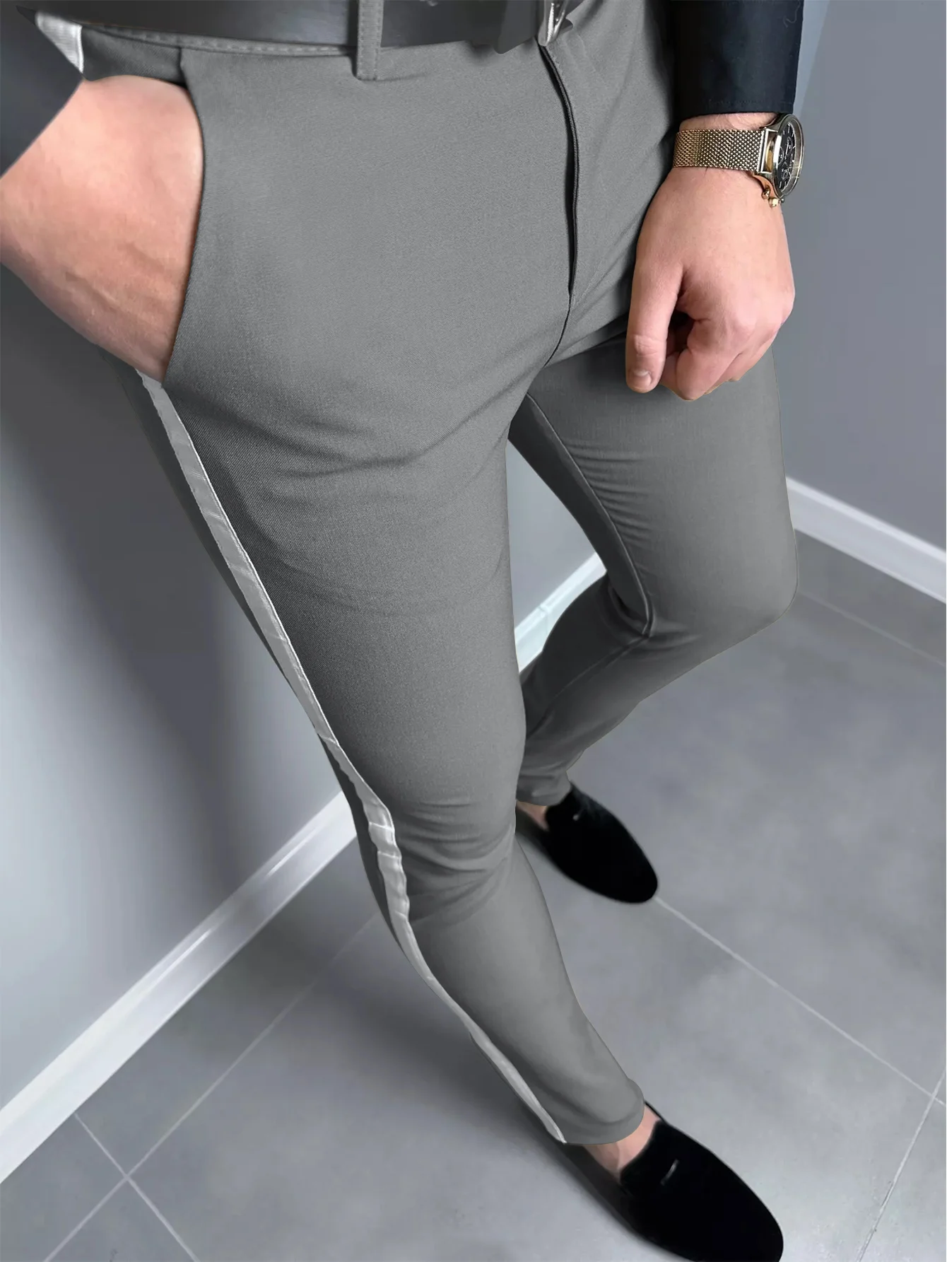 Fashion Light Business Men\'s Trousers Solid Color Splicing White Side Stripe Slim Pants Daily Versatile Traveling