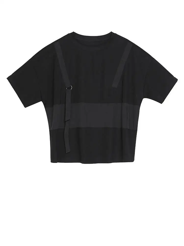 Black Contrast Women Color Split Big Size T-shirt New Round Neck Half Sleeve Fashion Spring Summer 202 4BRM
