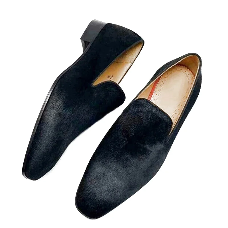 LOUBUTEN New Fashion Black Horsehair Leather Loafers Handmade Luxury Dress Shoes Mens Flats Party Wedding Office Shoes Men