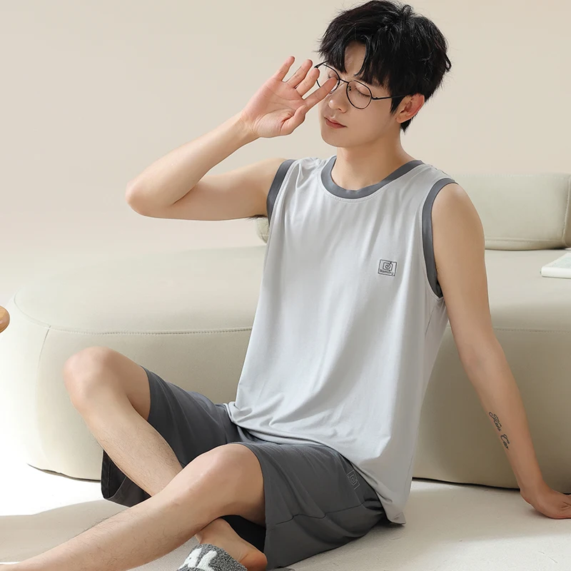 2025 New Men's Modal Nightwear Summer Thin Soft Homewear Youth Boy Sleeveless Sleeping Top & Pant Pajamas Set Male Sleepwear