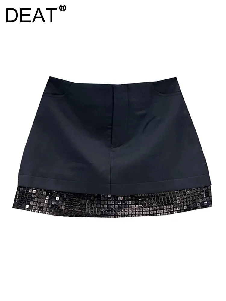 

DEAT Women's Denim Skirt High Waist Black A-line Patchwork Sequins Wrap Hip Short Miniskirts 2024 Autumn New Fashion 29L8004