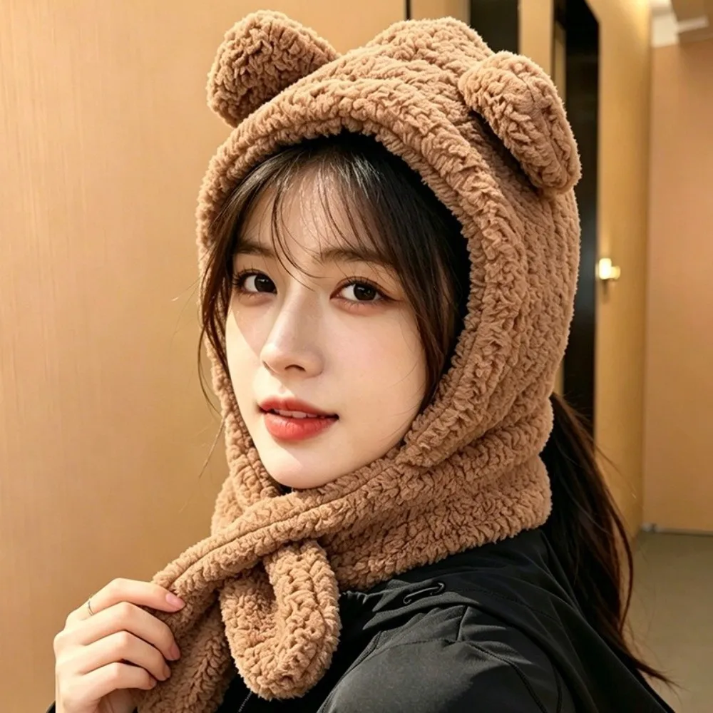 Fashion Winter Bear Ear Hooded Scarf Warm Fleece Neck Warmer Hat Casual Soft Beanie Hat Scarf for Women