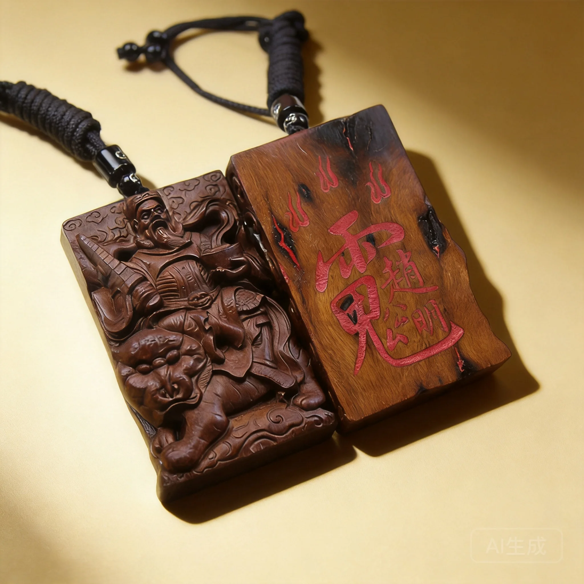 Chinese Style Thunder Struck Jujube Wood Zhao Gongming Hand Carved Cinnabar Blessing Pendant Good Luck Wealth Attracting Taoist