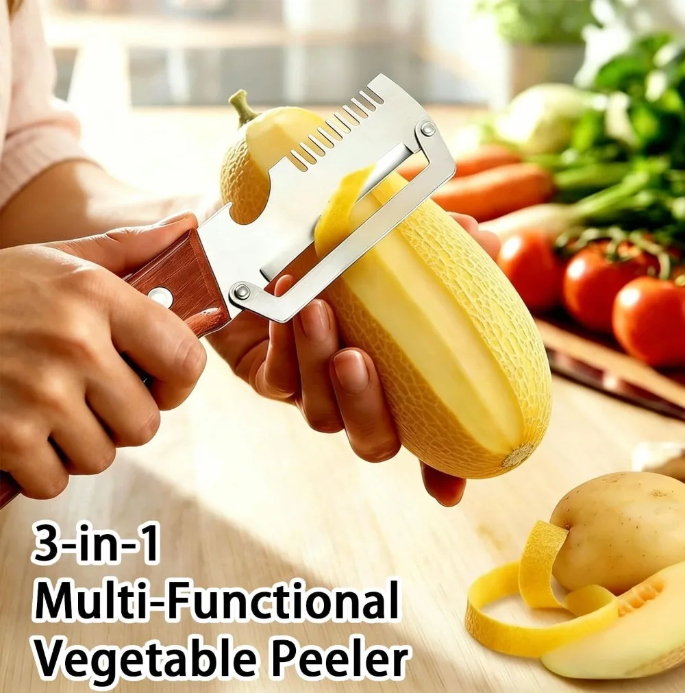 2026 Multifunctional Peeler Stainless Steel with Wooden Handle 3-in-1 Fruit Vegetable Peeler Shredder Slicer Kitchen Gadget