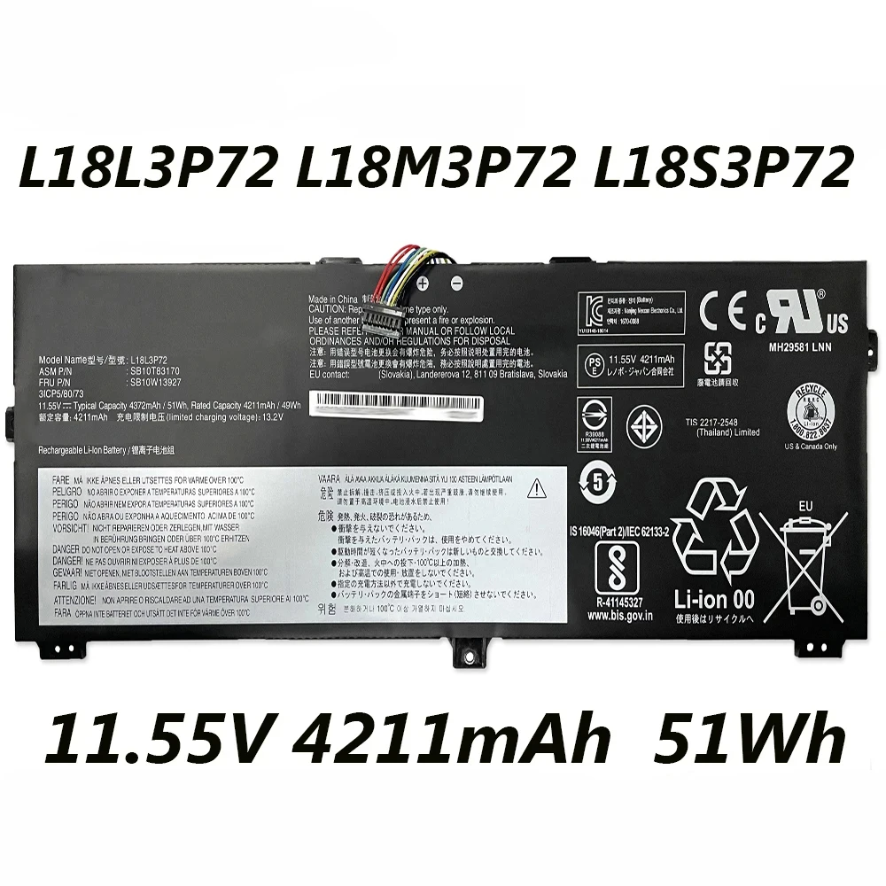 L18L3P72 L18M3P72 11.55V 51Wh Laptop Battery For Lenovo ThinkPad X390 X395 Yoga Gen1 02DL021 Series Notebook Computer