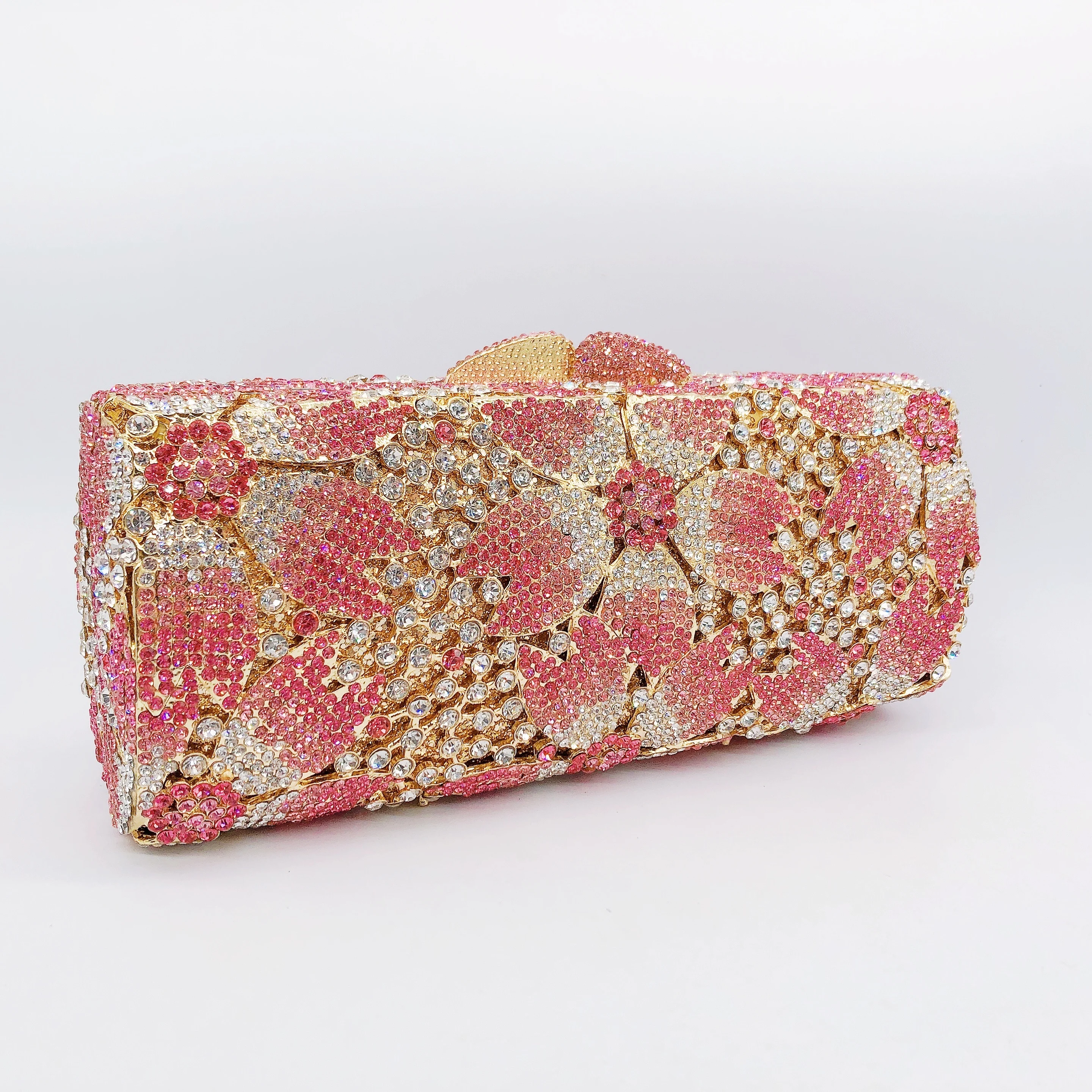 New Design Dazzling Cherry Blossom Women's Crystal Purse Metal Hard Shell Clutch Evening Bag
