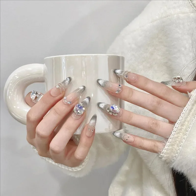 10pcs Handmade Bridal Wedding High Quality Fake Nails Bling Sticky Nails Rhinestone Cat Eye Long Almond Press on Nails with Glue