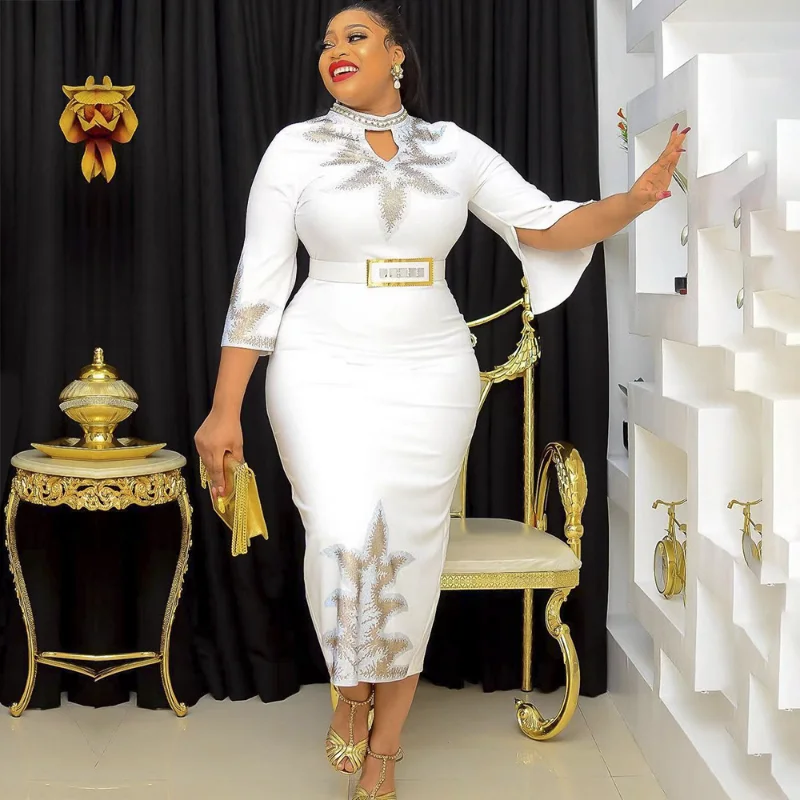 

African Slim Evening Dress for Women, Sexy Middle Sleeve, Nail Beads, Hot Diamond Party Dress, Daily Commuter, Fashion