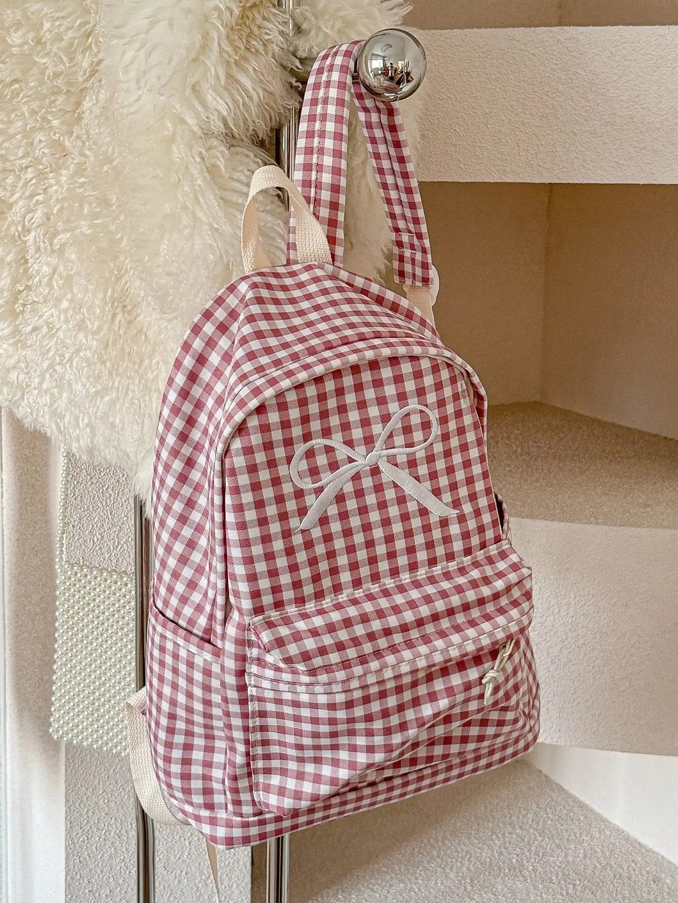

1Pc Gingham Bow Fashion Large Capacity Women's Backpack, Lightweight Cute Student Backpack For Women - Cute Floral Pattern Laptop Backpack, College School Bag, Multi-Pocket Design, Suitable For Business, Commuting, Outdoor, Travel And Outing, Etc., Popula