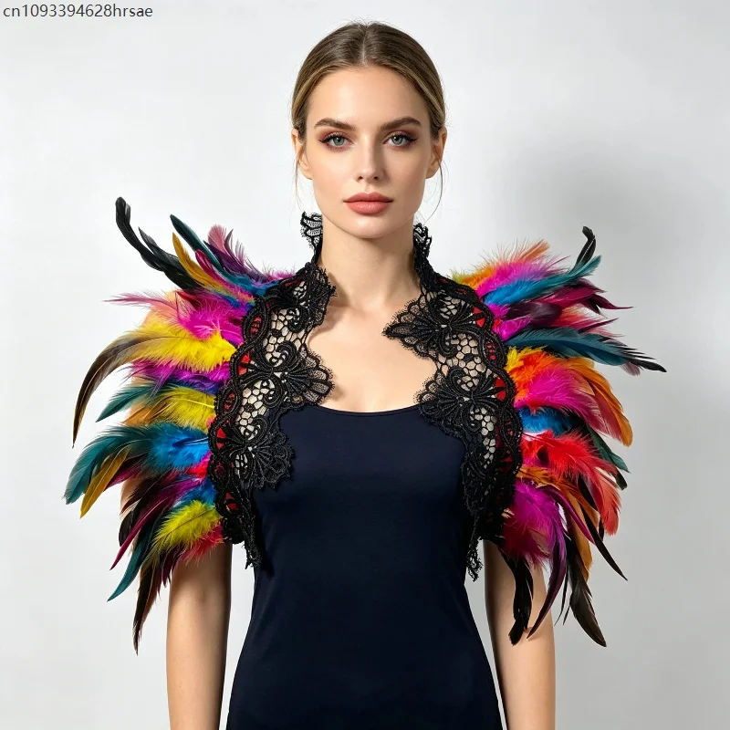 Multicolor Feather Shoulder Cape With Black Lace Trim Women Cosplay Costume Accessory Props For Prom Party Stage Performance