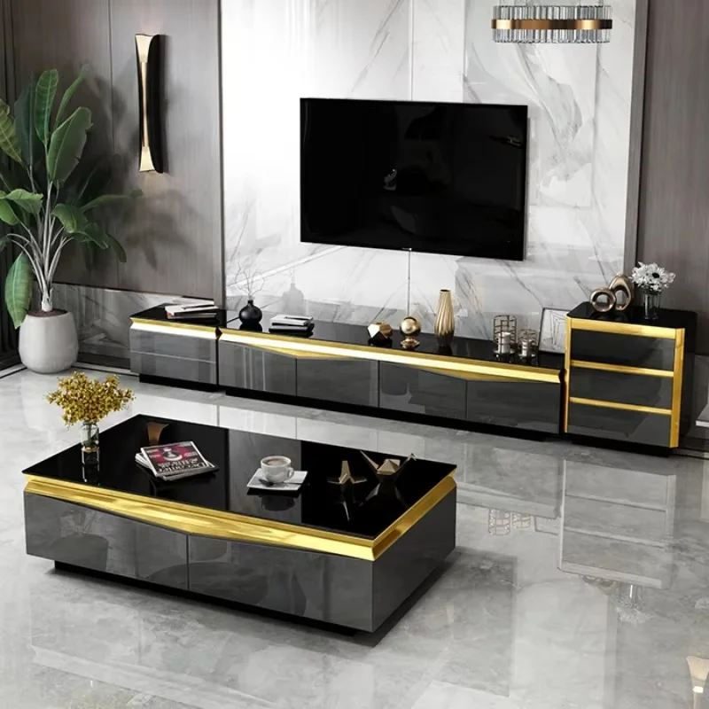 TV Stand Modern Living Room TV Monitor Stand Gold Stainless Steel Cabinet Mesa+tv Table+Coffee Centro Table House Furniture
