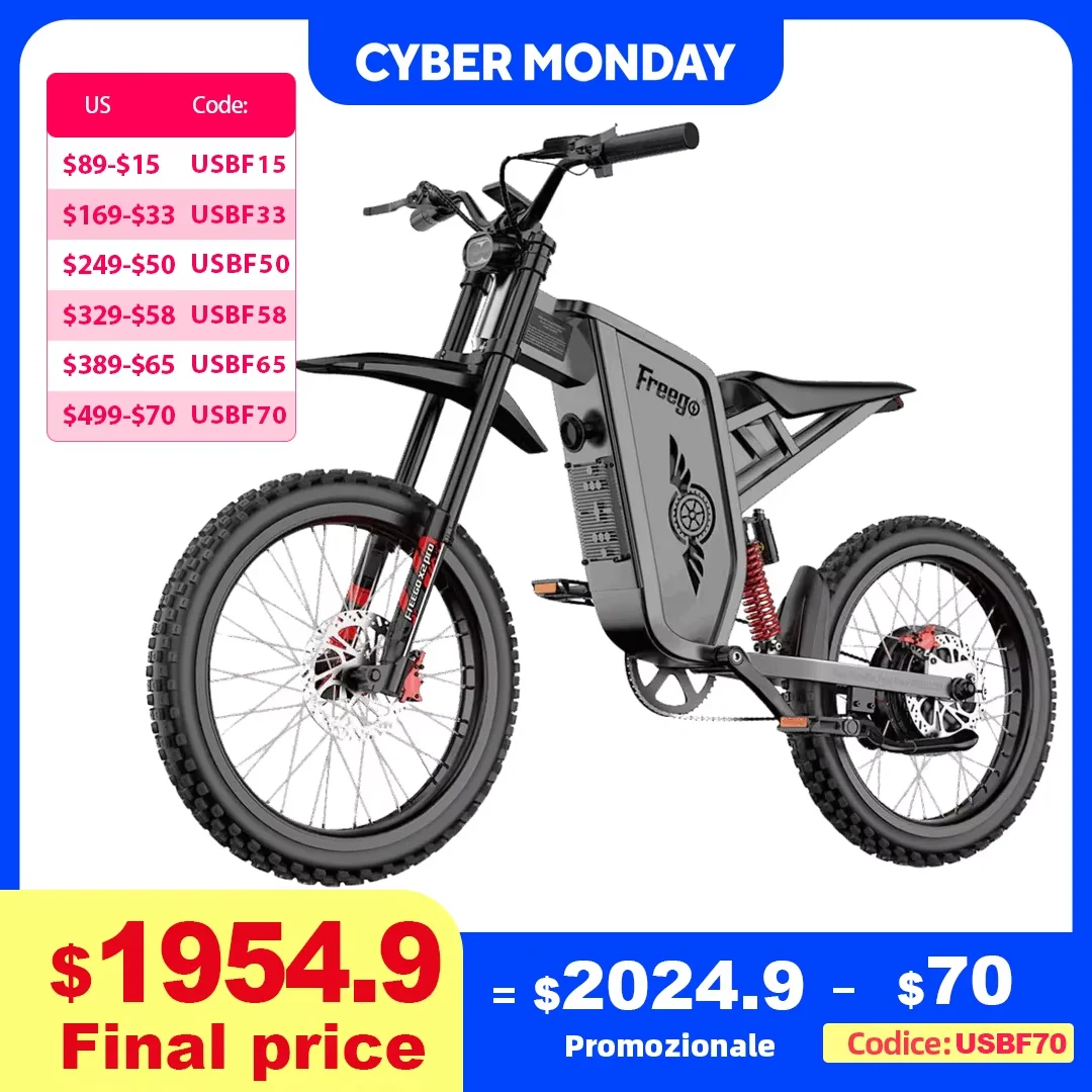 

ebike Freego X2 Electric Motorcycles Brushless Gearless Motors 6000W 60V/30Ah Lithium Battery 50MPH Adult Off Road MTB Ebike