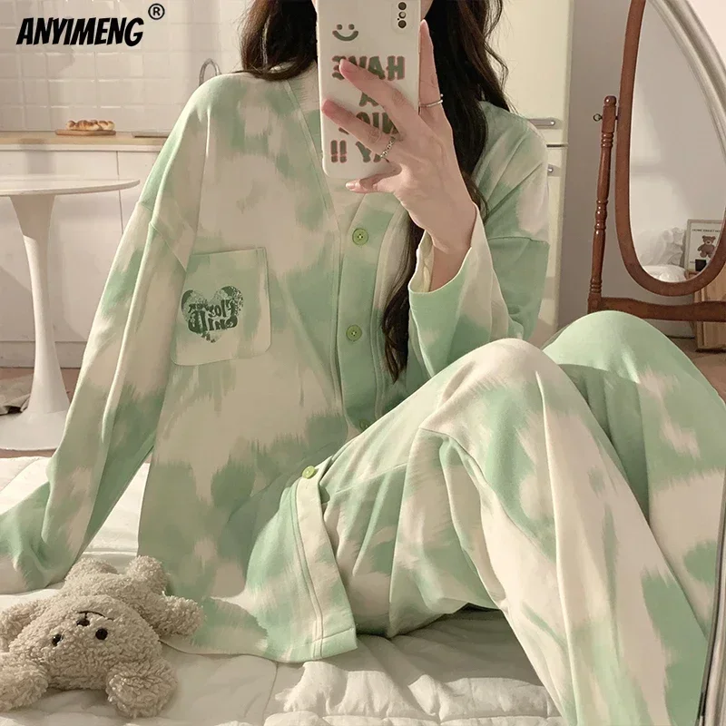 Autumn Winter New Womens Pajamas Sets Korean Chic Girls Pijamas Kimono Lapel Casual Loungewear Long Sleeves Faux Cotton Pajama