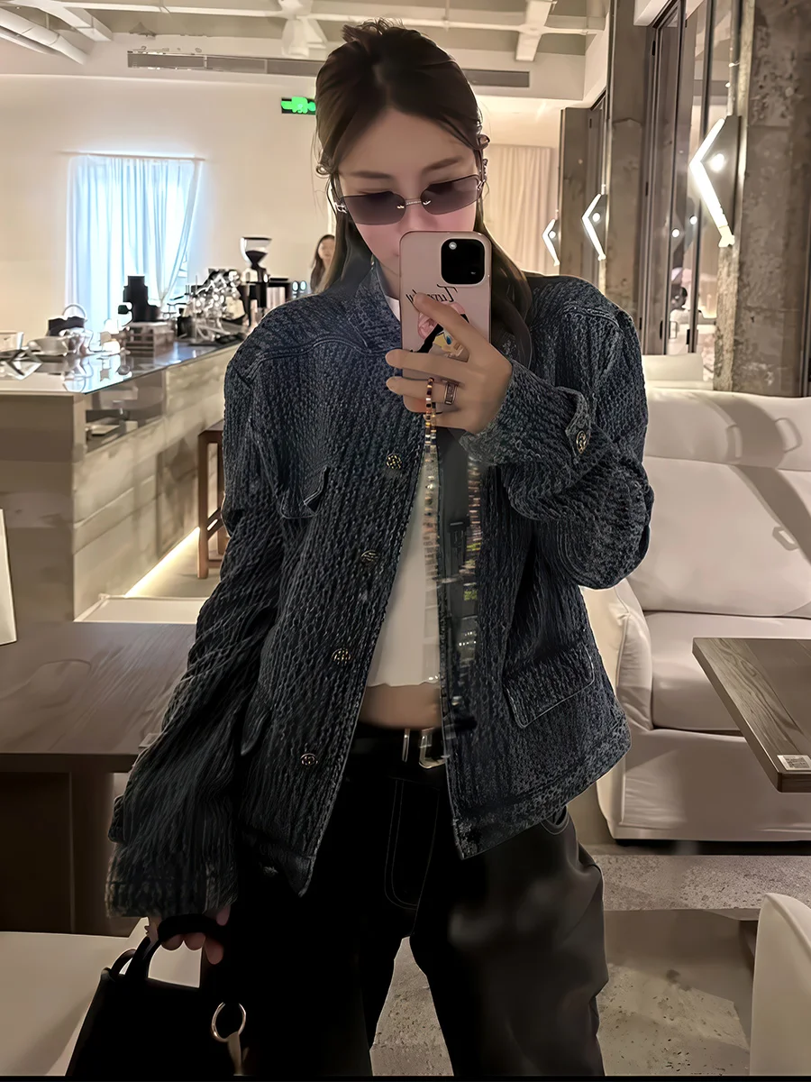 

Korean Sle Unique Beautiful Blue Denim Jaet Women's Faionable Ele Versatile ort Coat Button Closure Autumn New Ar...