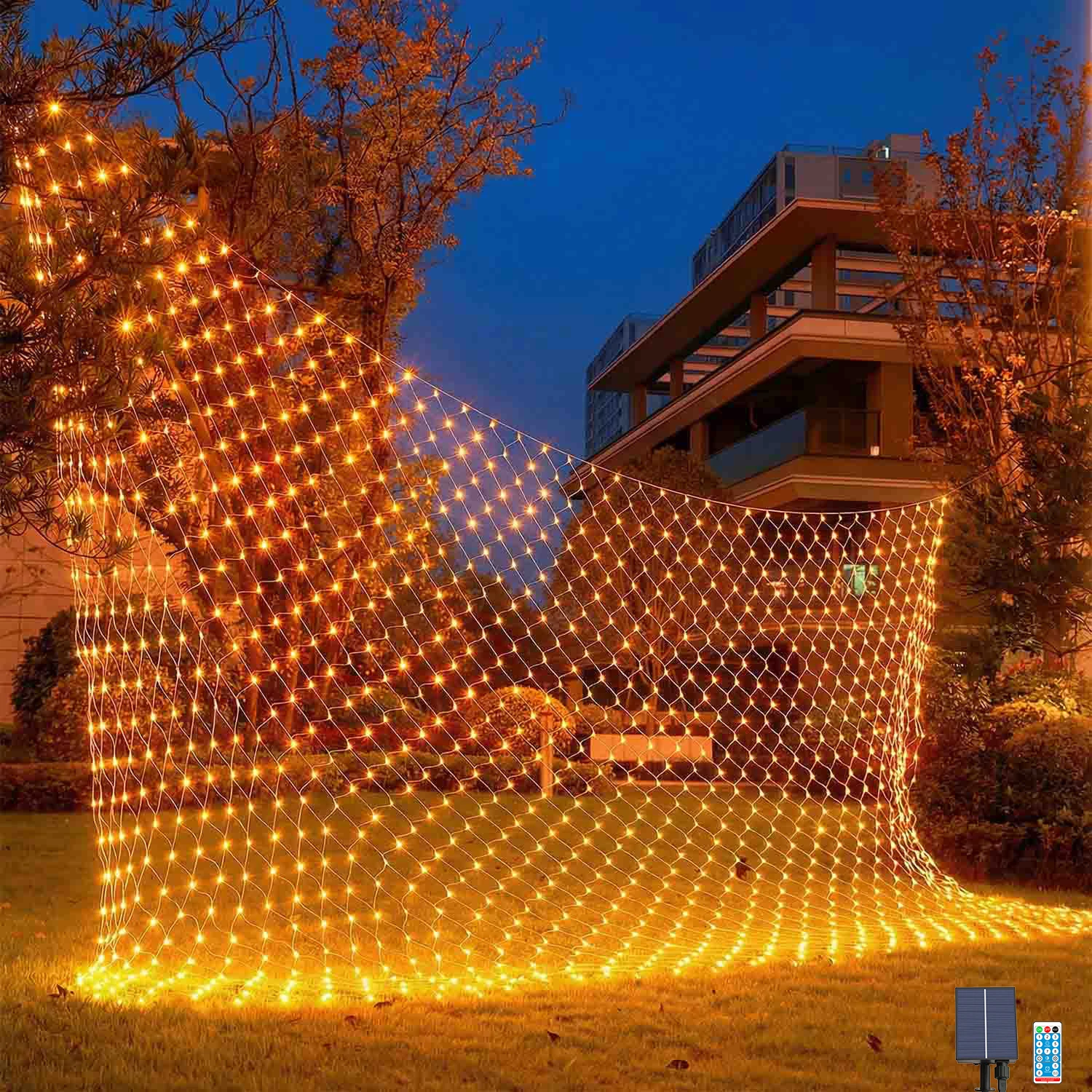 ソーラーネットライト屋外ガーデンメッシュストリングライト2000kゴールデンサンセットフェアリーライト連結可能、ブッシュヤードヘッジパティオ装飾用