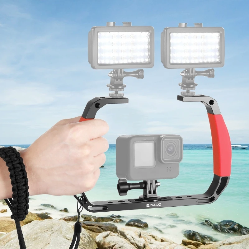 PULUZ Dual Silikon Griff Aluminium Legierung Tablett Stabilisator Rig Für Unterwasser Kamera Gehäuse Fall Tauchen Halterung Für GoPro DSLR – Detail 16