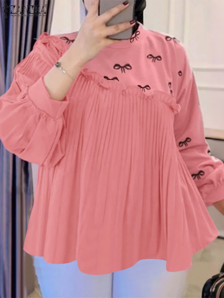 

2025 Women Summer Blouse ZANZEA Elegant 3/4 Sleeve Print Tops Muslim Hijab Shirt Turkey Abaya Pleated Kaftan IsIamic Clothing