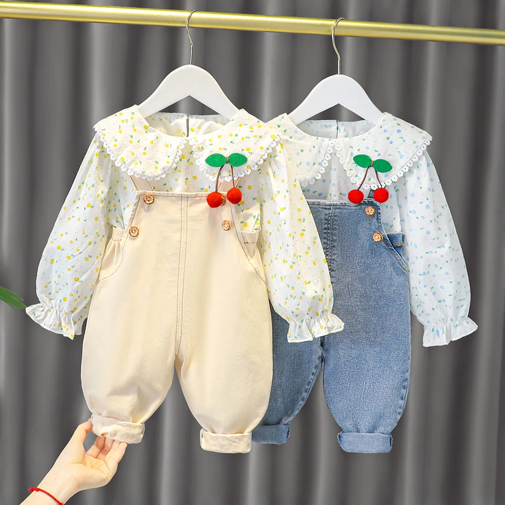 Autumn Spring Baby Girl Clothes Set Children Cute Active Long Sleeved Shirt and Denim Overall Rompers Two Piece Kids Suit