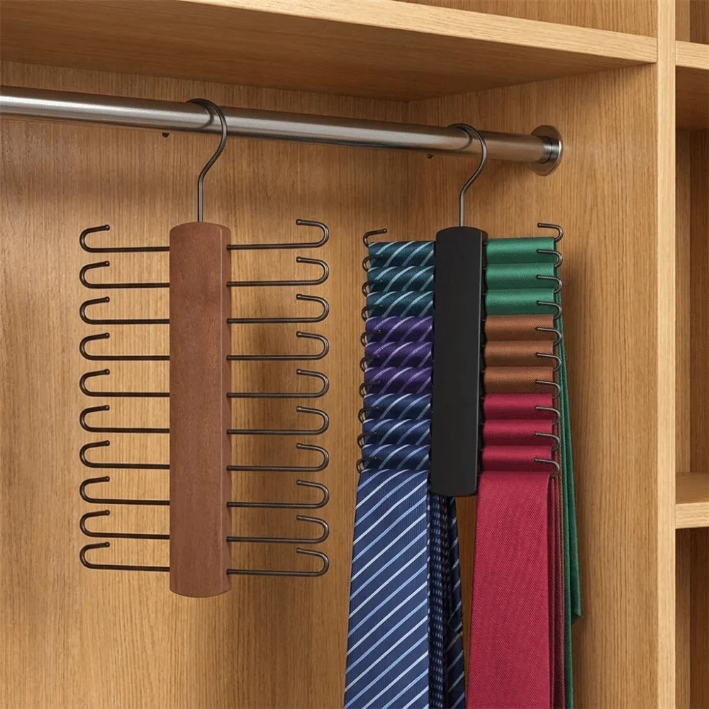 360° Rotating Wooden Tie Rack Non-Slip Space Saving Belt Storage Hanger with 20 Hooks Ties Organizer Racks Men