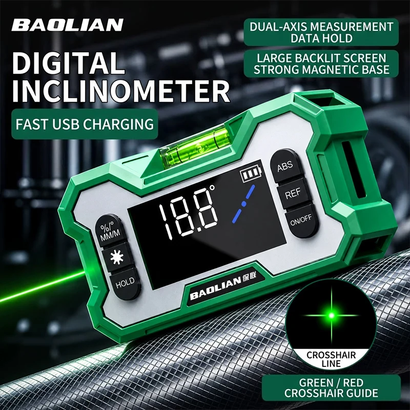 High-Precision Digital Inclinometer with Strong Magnetic Adsorption Multifunctional Laser Level Ruler Slope Measuring Instrument