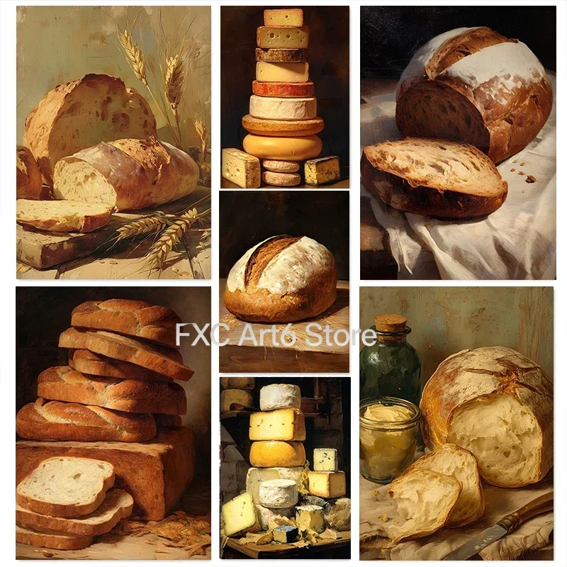 1PC frameless Vintage Oil Painting Art Fermentation Bread Cheese Still Life Posters Prints Canvas Painting Wall Art Picture Kitc