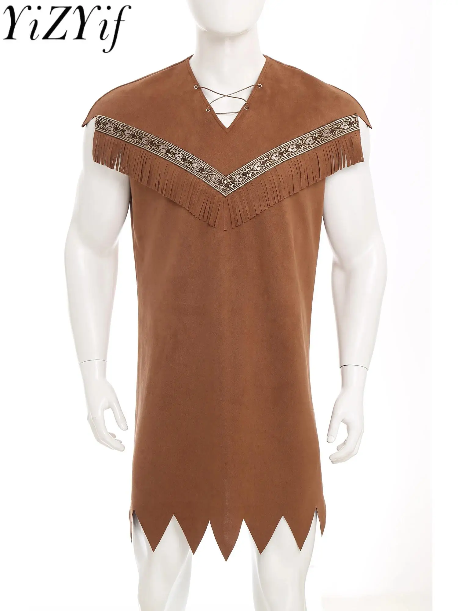 

Men's Vintage Caveman Cowboy Prince Cosplay Costumes Sleeveless Brown Front Tassel Dress Robe Halloween Party Carnival Outfits