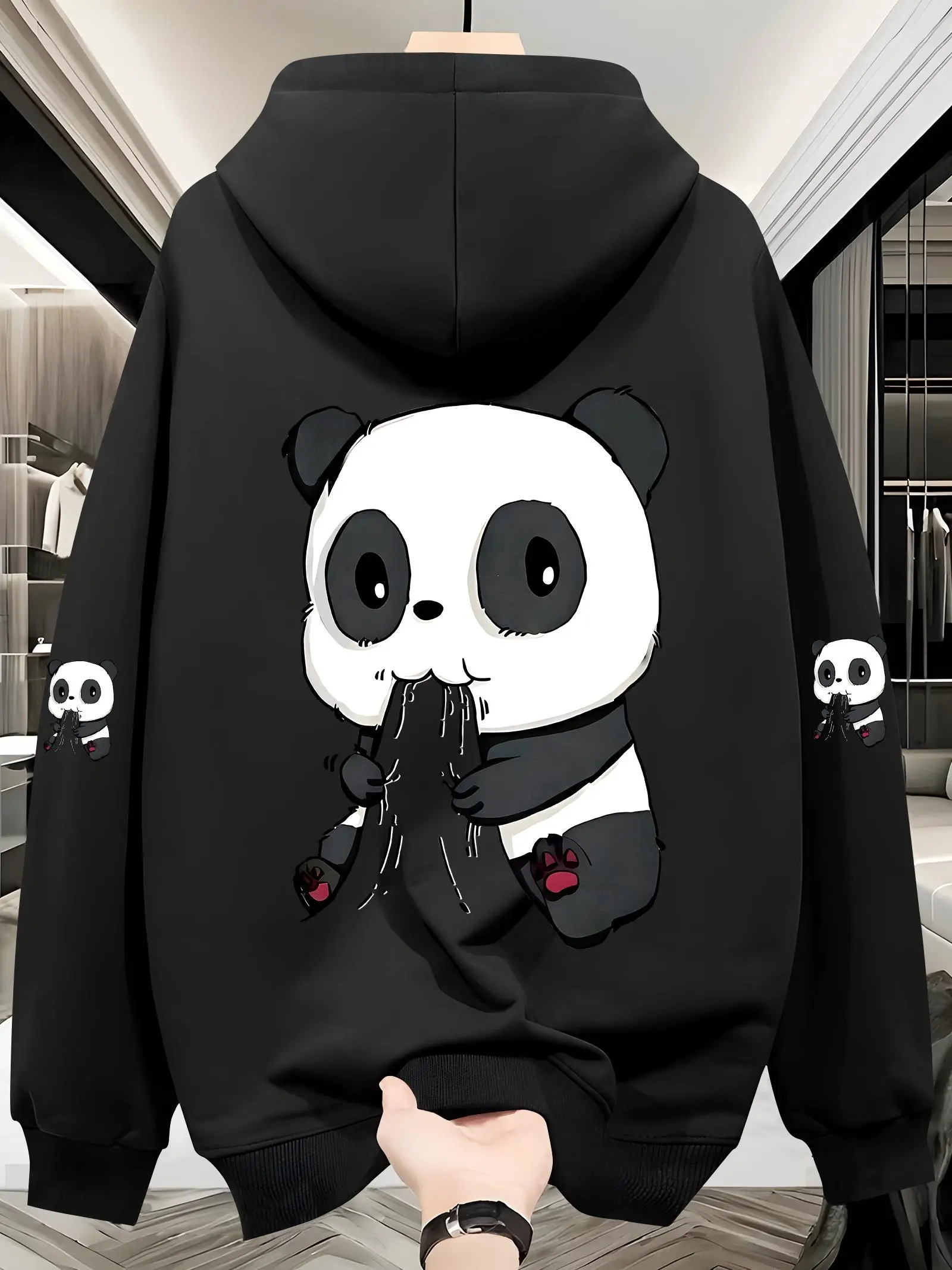 Men Hip Hop Sport Hoodie Cute Cartoon Panda Eating Noodles Back Print Lovely Animal Street Style Loose Casual Hooded Pullover