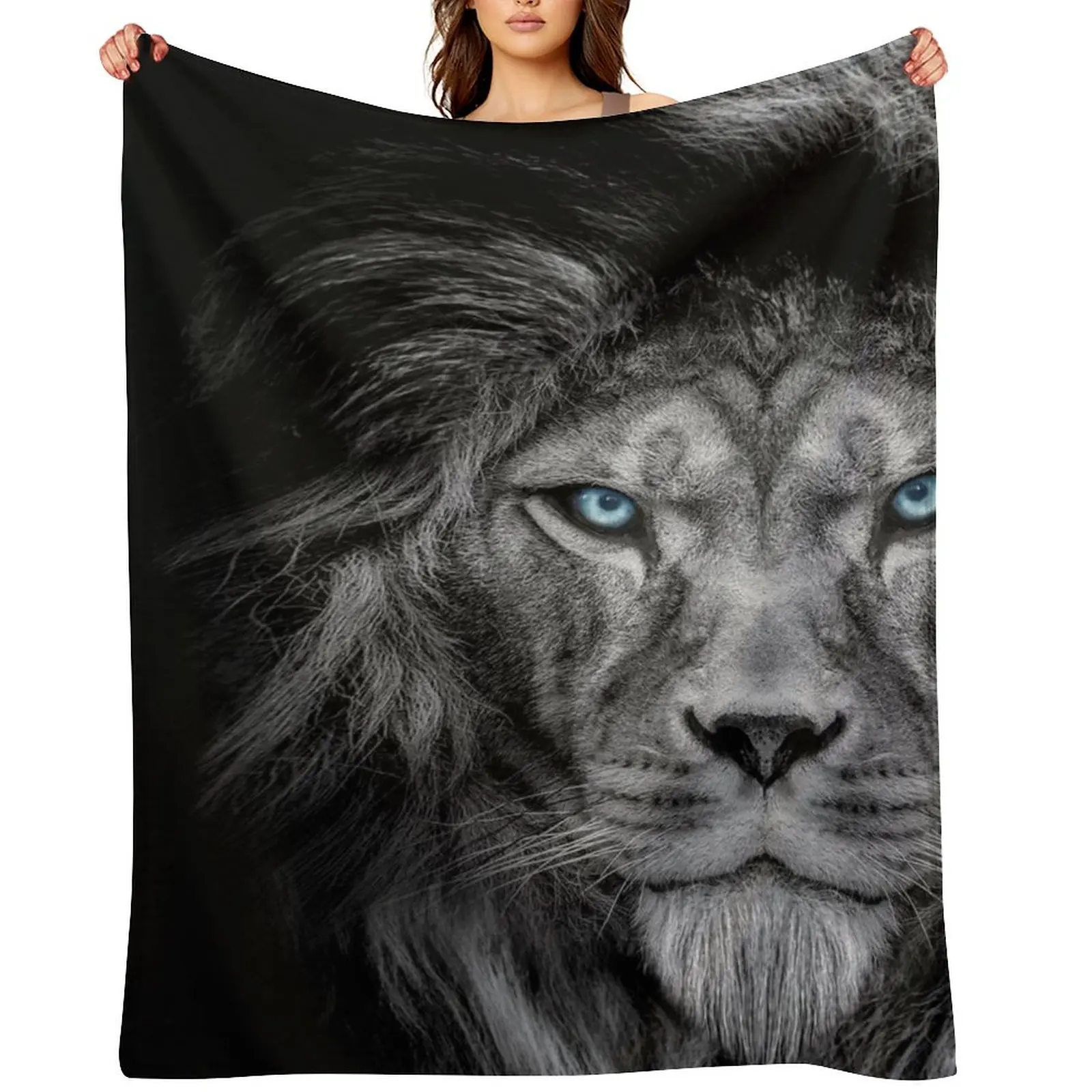 

African male lion , wildlife animal Black and white but with colored eyes Throw Blanket Moving Soft Plaid Nap Blankets