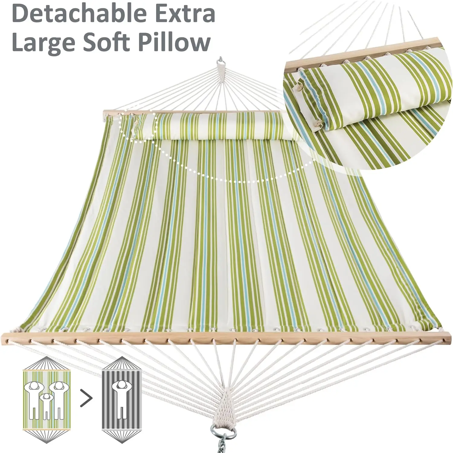 Heavy Duty Double Hammock for Trees, Spreader Bar para 2 pessoas, verde e bege