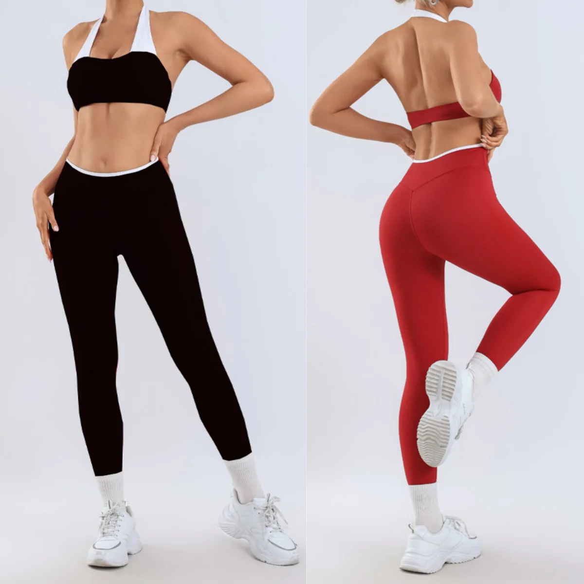 2 Piece Women Color Block Yoga Set Halter Neck Backless Sports Bra High Waist Butt Lifting Leggings Gym Workout Set tracksuit