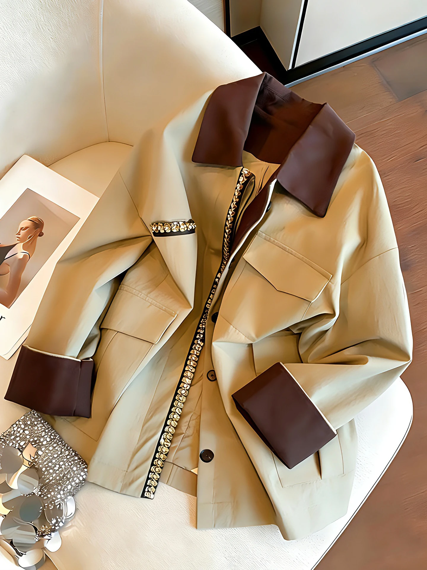 

American Retro Barn Color Blo Collar Women's Spring Autumn Casual Loose Jaet Top Fabric Other Material 00% Long Sve B...