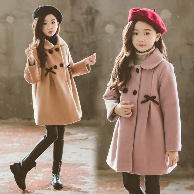 Girls Woolen Coats Autumn Winter Thick Warm Trench Jackets 4-12Yrs Children Clothes Big Kids Parka Outerwear