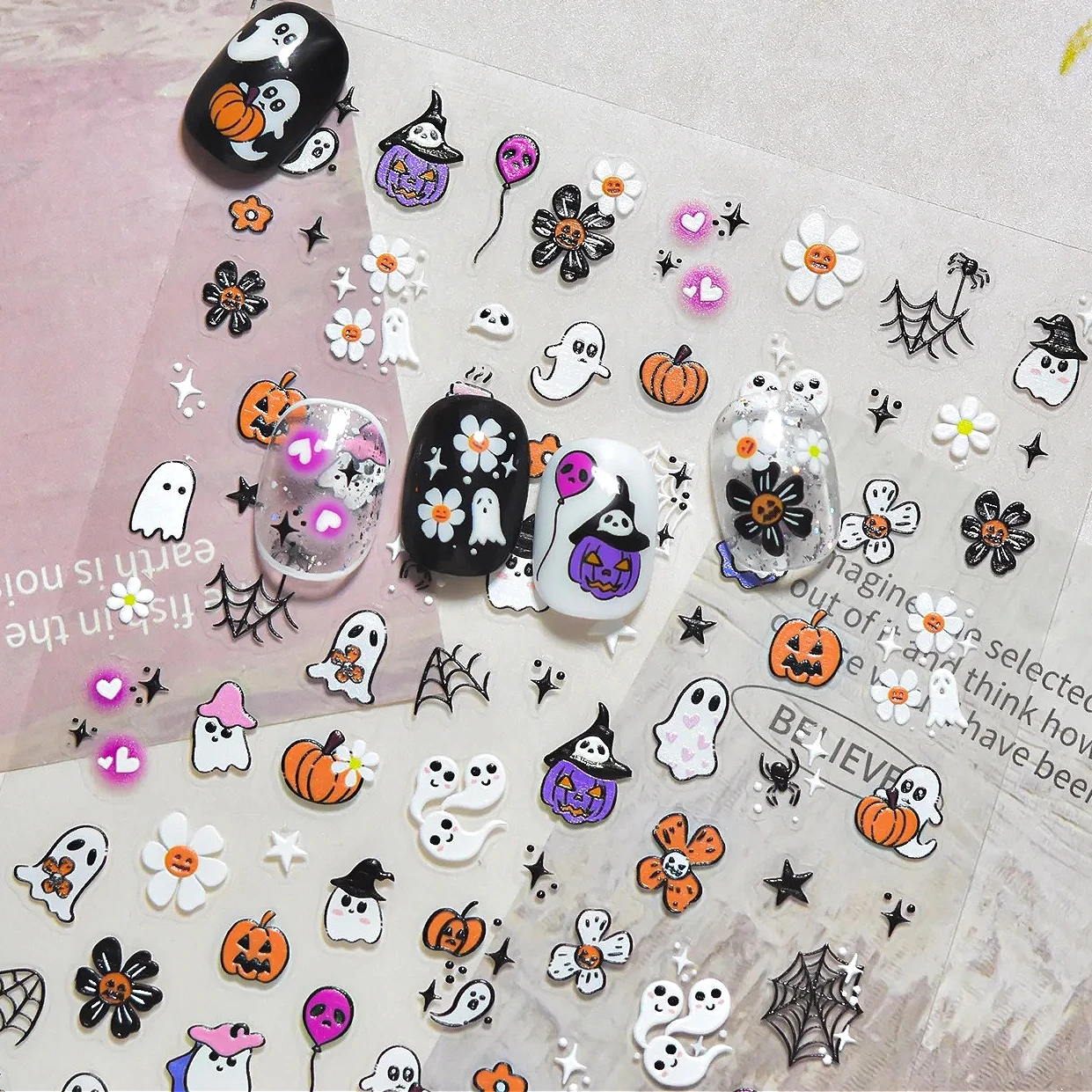 

Funny Ghost Flower Star Cat Heart Skeleton Pumpkin Castle Broom Terror Halloween Moon Bat Spider Web DIY Nail Art Stickers Decal