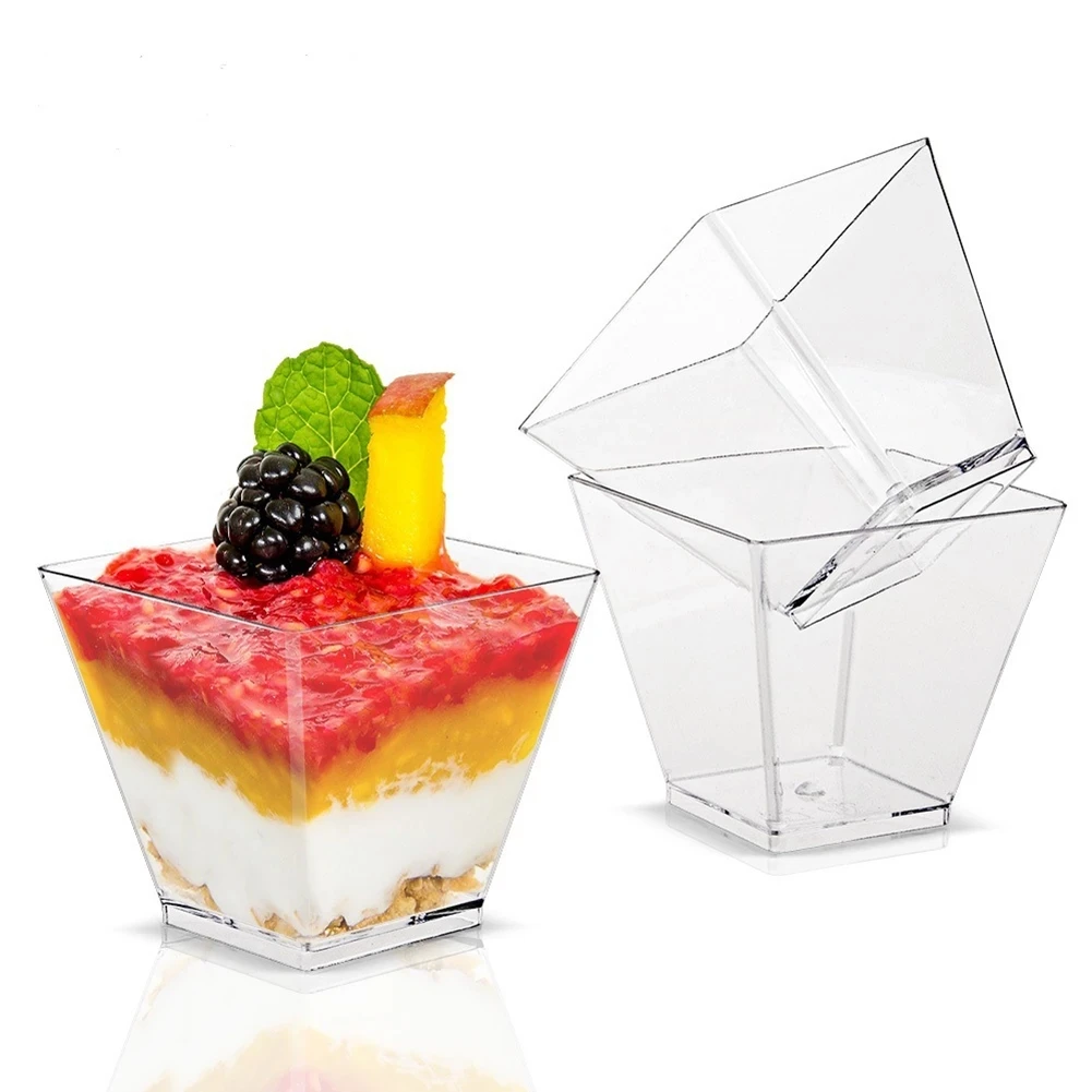 

50pcs Plastic Dessert Cups Square Trapezoid Disposable Food Cake Dessert Cup Cube Pudding Sauce Jelly Container Kitchen Storage