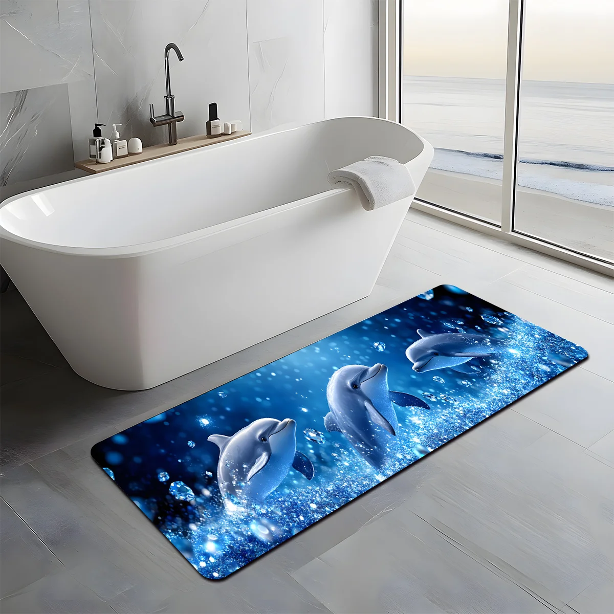 3D Dolphin Ocean Kitchen Runner Rug, Realistic Blue Sea Diamond Glitter Non-Slip Absorbent Floor Mat Entryway Bathroom Hallway