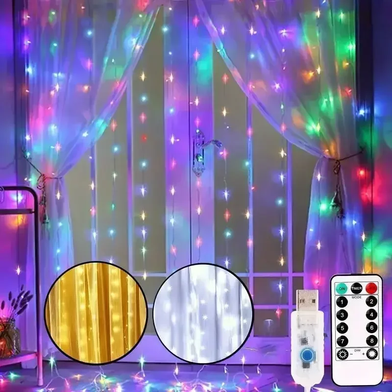 USB Plug Curtain LED Lights with Remote 8 Modes Xmas String Lights Wedding Party Window Christmas Halloween Decorations for Home