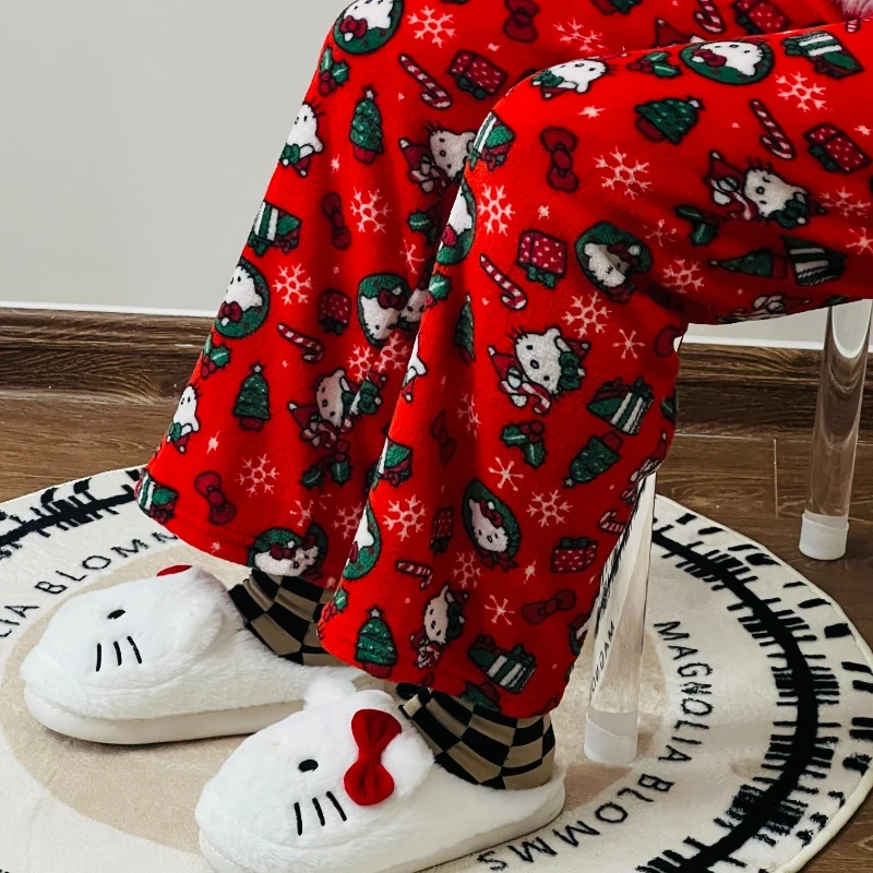 Kawaii Sanrioed Hello Kitty Chirstmas Pajamas Pants Flannel Women Winter Fleece Casual Homewear Pant Leisure Wear Girl Gift