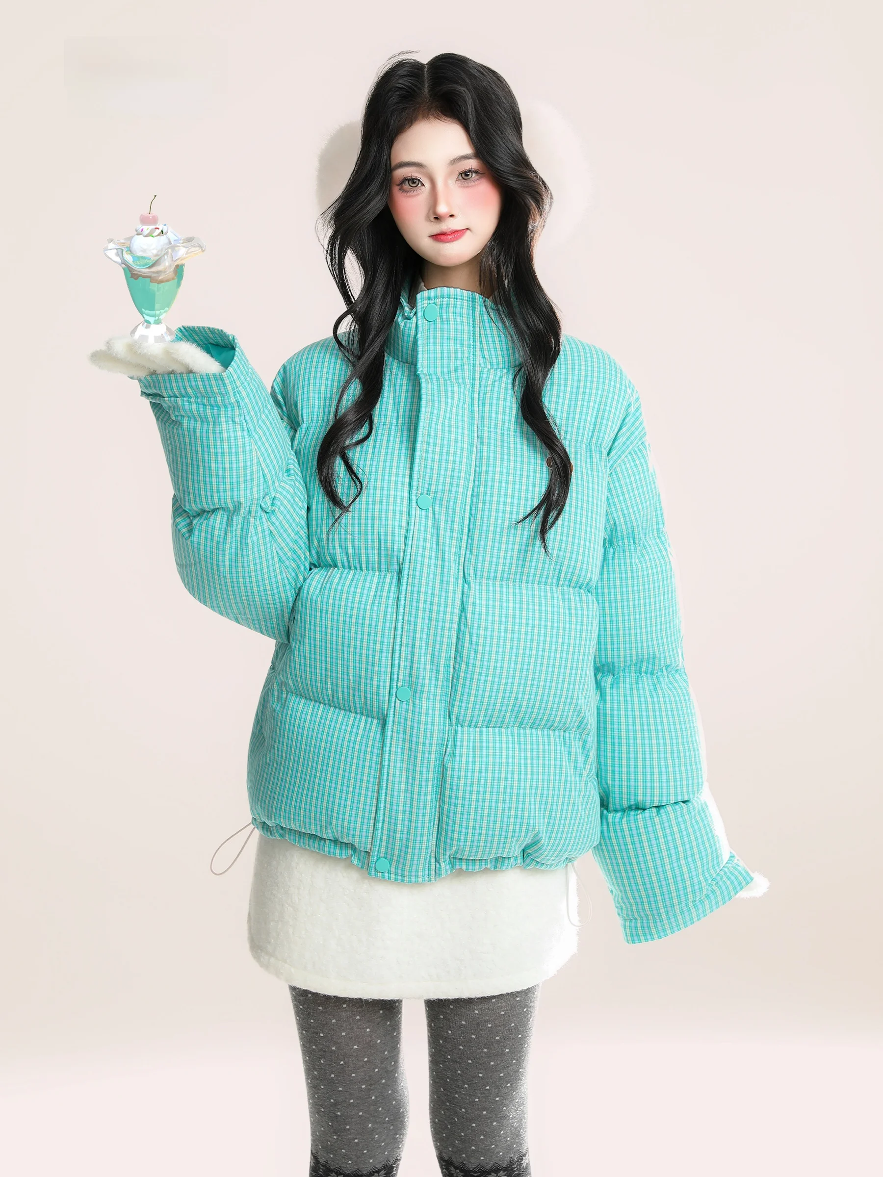 

Korean Sle Thiened Cotton Jaet Women's Winter Warm Stand Collar Plaid Outerwear Comfortable Loose Fit Long Sve Coat