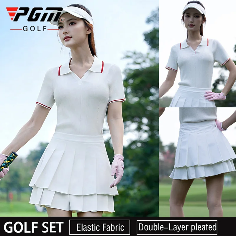 Pgm Golf Knitted Shirt Women Short-sleeved V-neck T-shirt Slim Sports Top Ladies Double Layer Pleated Skirts A-lined Golf Skorts