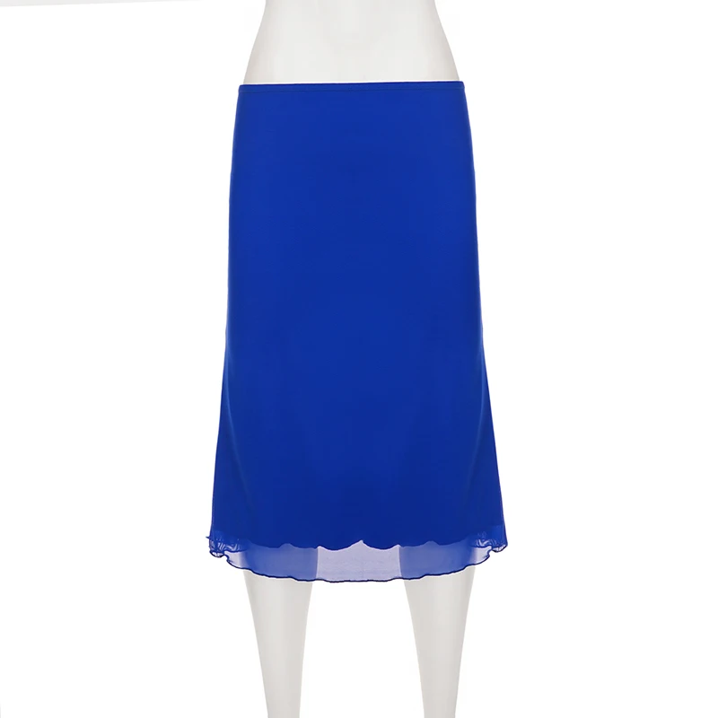 SUCHCUTE Y2K Solid Mesh Midi-Rock, niedrige Taille, gewellter Saum, schmaler, gerader, mittellanger Rock, Sommer-Strandhose, Streetwear-Outfit – Detail 4