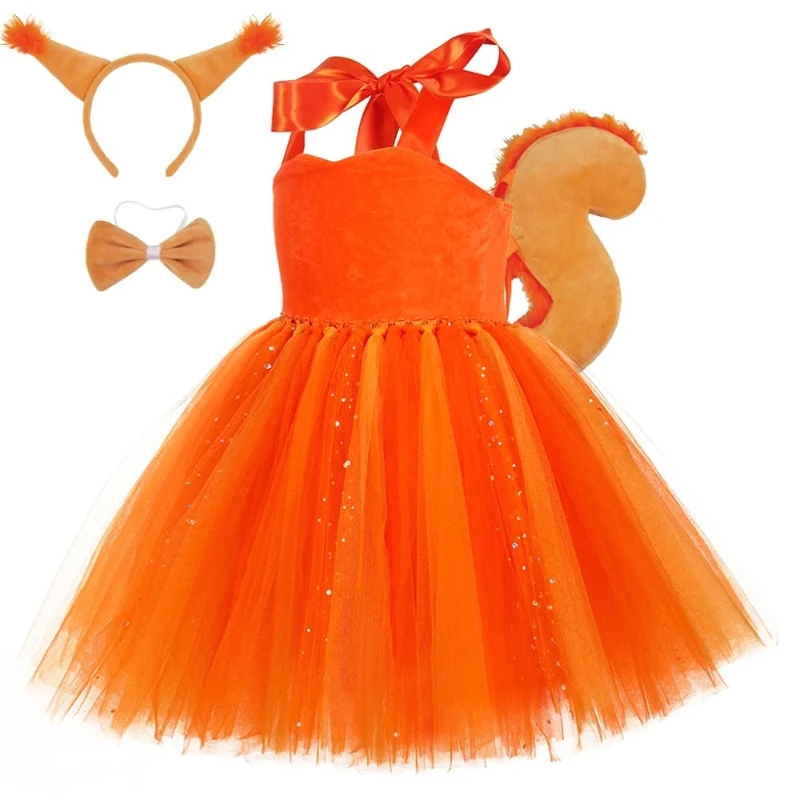 

Gold Orange Squirrel Tutu Dress for Girls Jungle Animal Party Costumes for Kids Christmas Halloween Outfit with Hairbow Tail Set