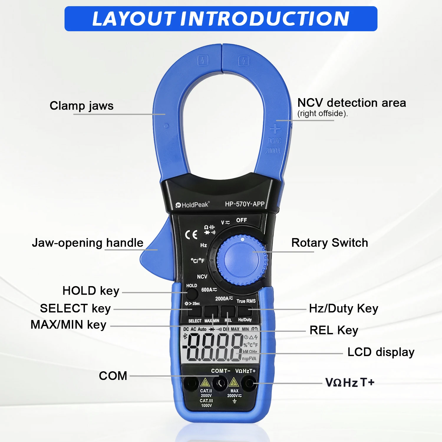 HOLDPEAK digitale stroomtang, 2000A / 2000V, True RMS-meter, met Bluetooth, APP, AC/DC-spannings- en stroomtester HP-570Y-APP