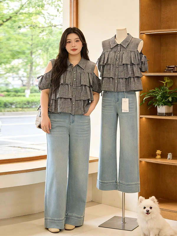 

Korean Style plus Size Short Sleeve Neck Plaid Shoulder Bared Ruffle Hem Shirt Women Summer Unique Design Sense Exposure...