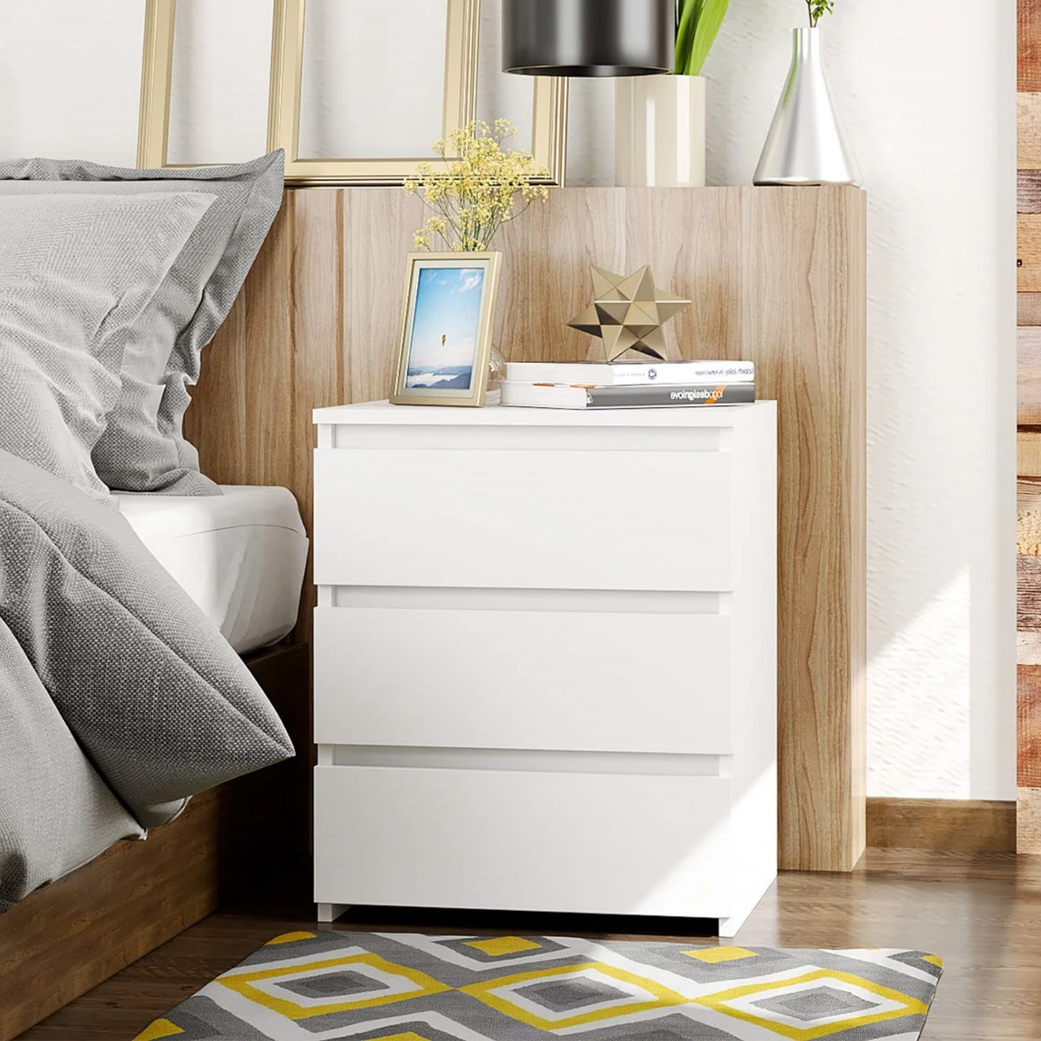 طاولة بجانب السرير بيضاء من Getone، خزانة صغيرة بجانب السرير، منضدة، خزانة ذات أدراج مع 3 أدراج لغرفة النوم